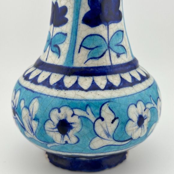 Antique Handmade Hand Painted Glazed Terracotta Vase Iznic Pottery Blue 6.5" H - Picture 6 of 12